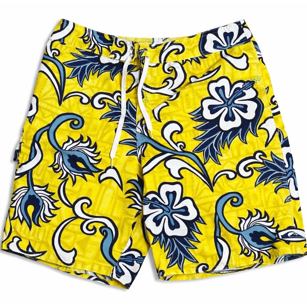 Quiksilver Board Shorts Mens 34 Yellow Floral Swim Trunks Surf Beach